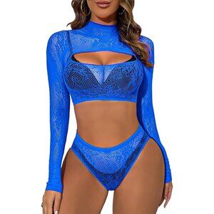 Women's Blue Lingerie Imported Front Open Bodysuit Sexy Nightwear Pajamas Set
